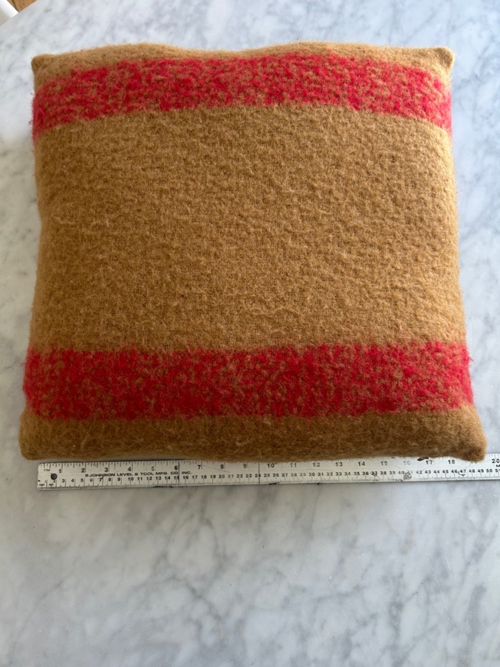 Authentic HBC Stripes - Tan Wool-Blend Decorative Pillow with Red Stripe Accent